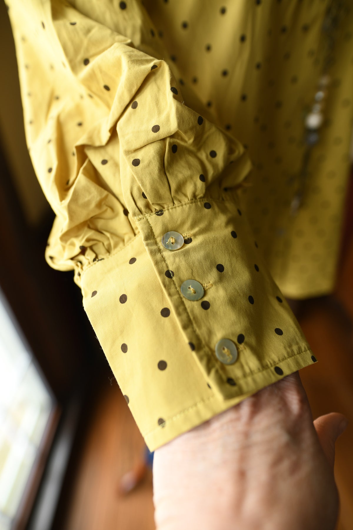 Mustard Polka Dot Bishop Sleeve Button-Down Top