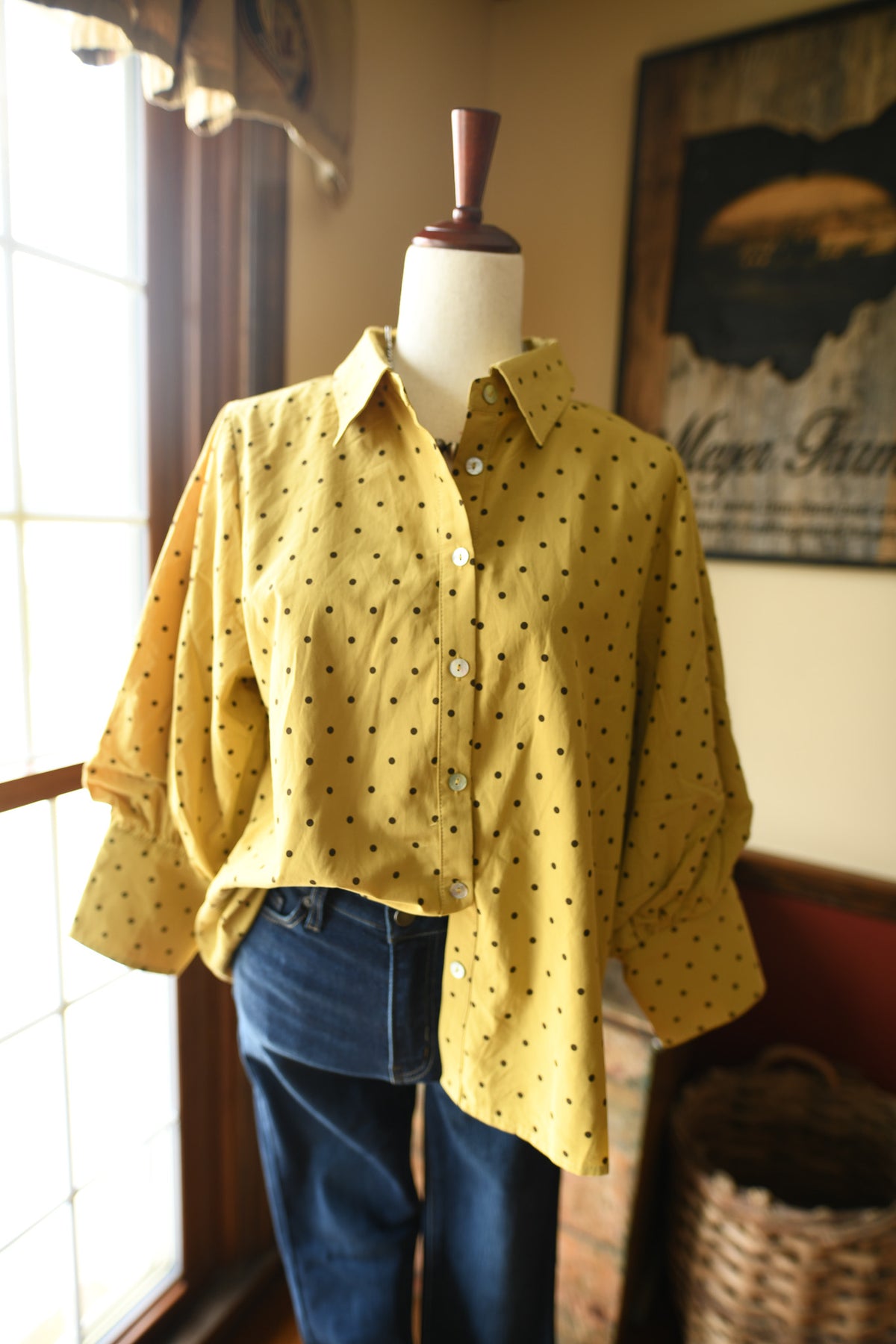 Mustard Polka Dot Bishop Sleeve Button-Down Top