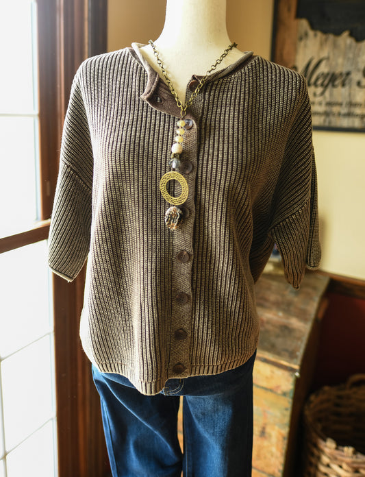 Washed Ribbed Short Sleeve Rolled Edge Cardigan
