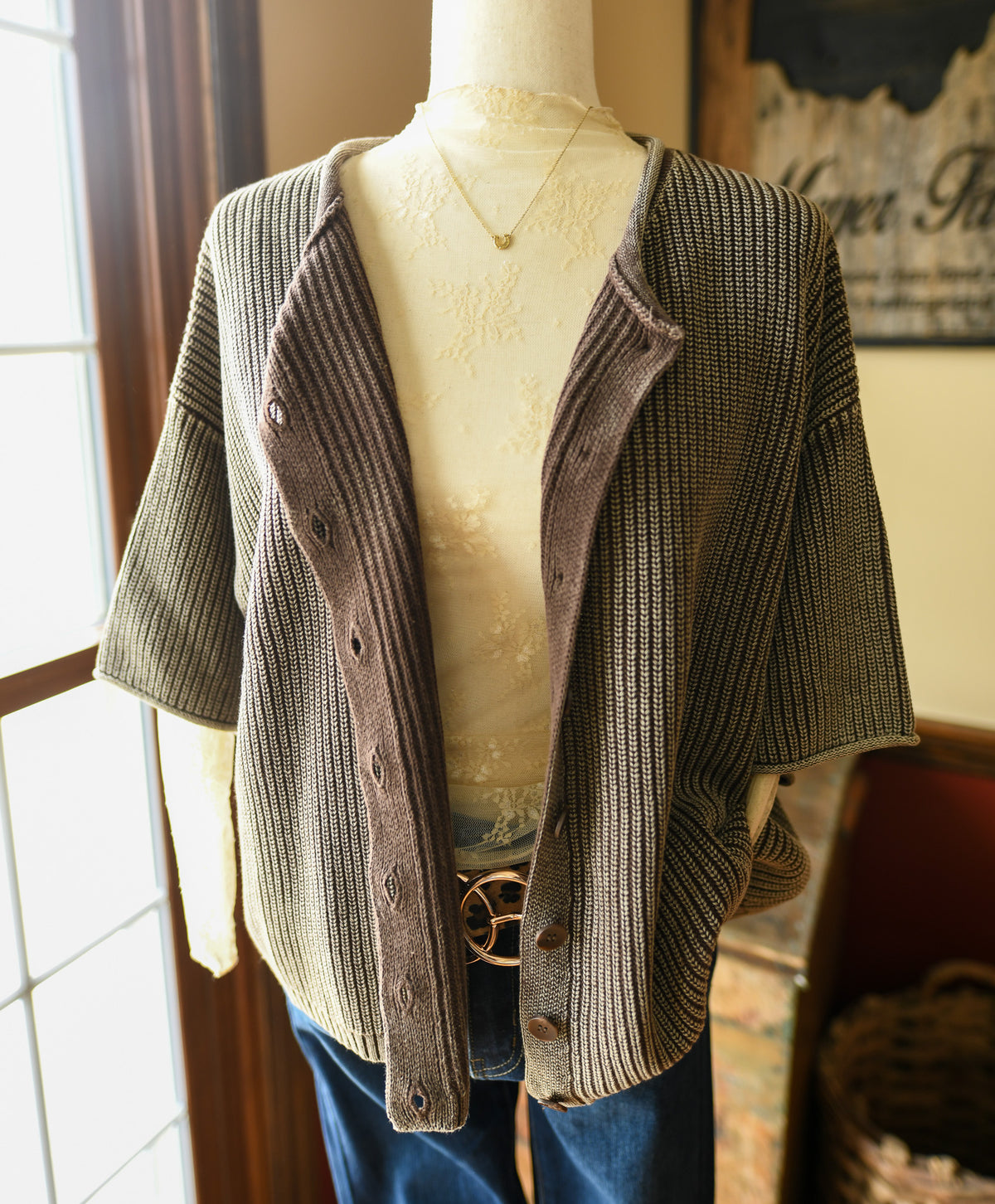 Washed Ribbed Short Sleeve Rolled Edge Cardigan