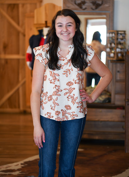 Farm Wife Threads MALLOREE Floral Top: V-Neck Ruffle Trim Blouse - Shop Now!