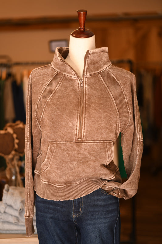 Mocha Acid-Wash Half-Zip Fleece Pullover