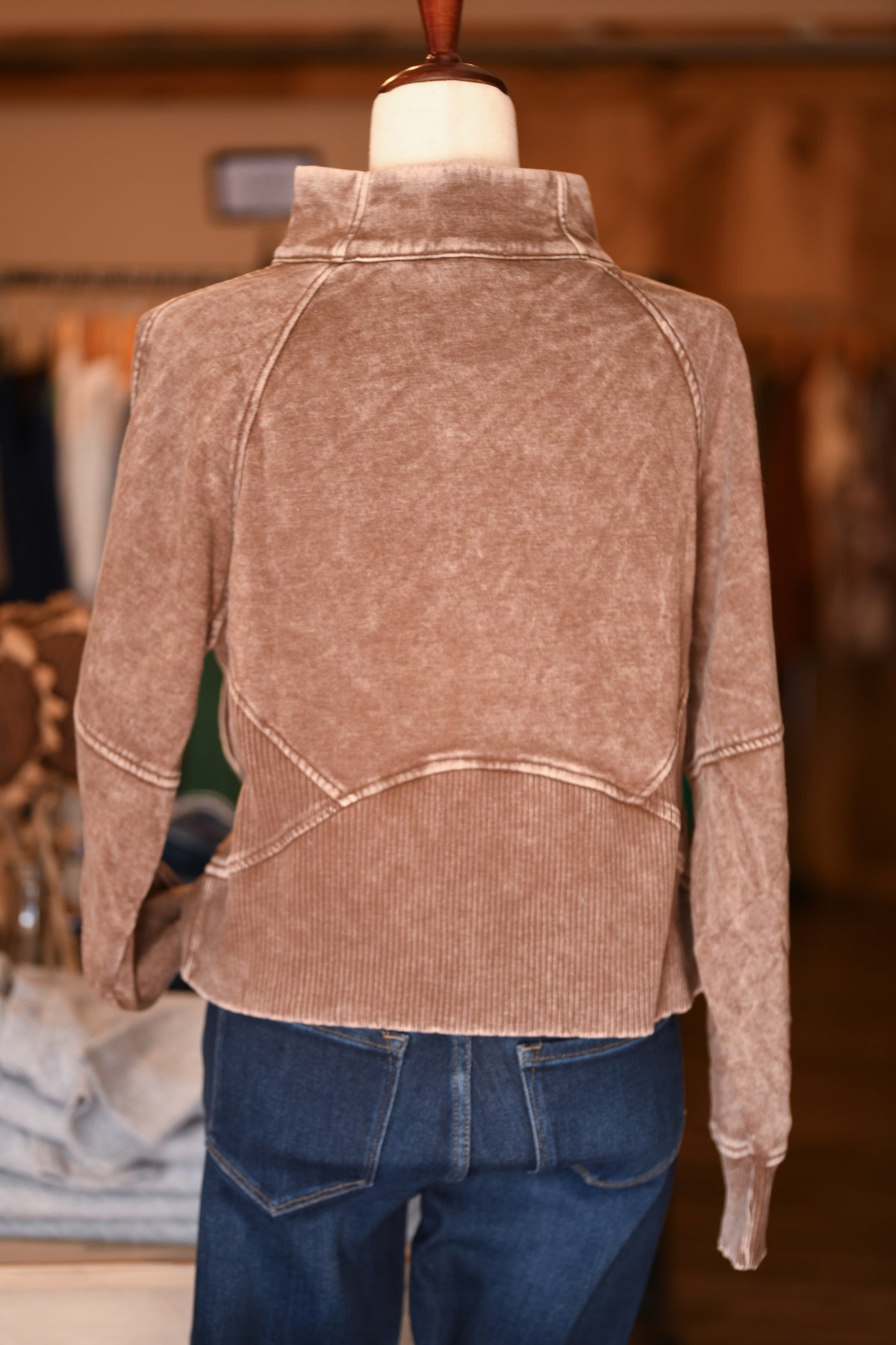 Mocha Acid-Wash Half-Zip Fleece Pullover
