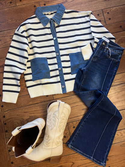 CALLI Denim Stripe Cardigan by Farm Wife Threads: Collared, Button Down, Color Block, Long Sleeve, Pocket