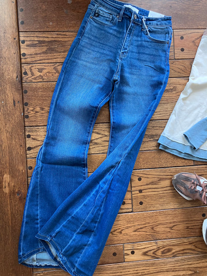 Kan Can Letty High Rise Layered Flare Denim Jeans - Farm Wife Threads Medium Wash Women's Stretch Jeans