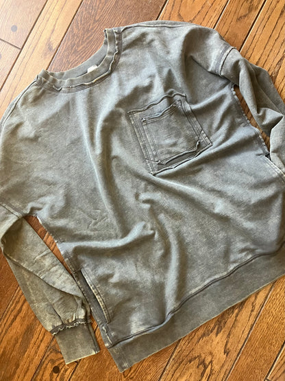 French Terry Acid Wash Raw Edge Pullover in Mocha Grey