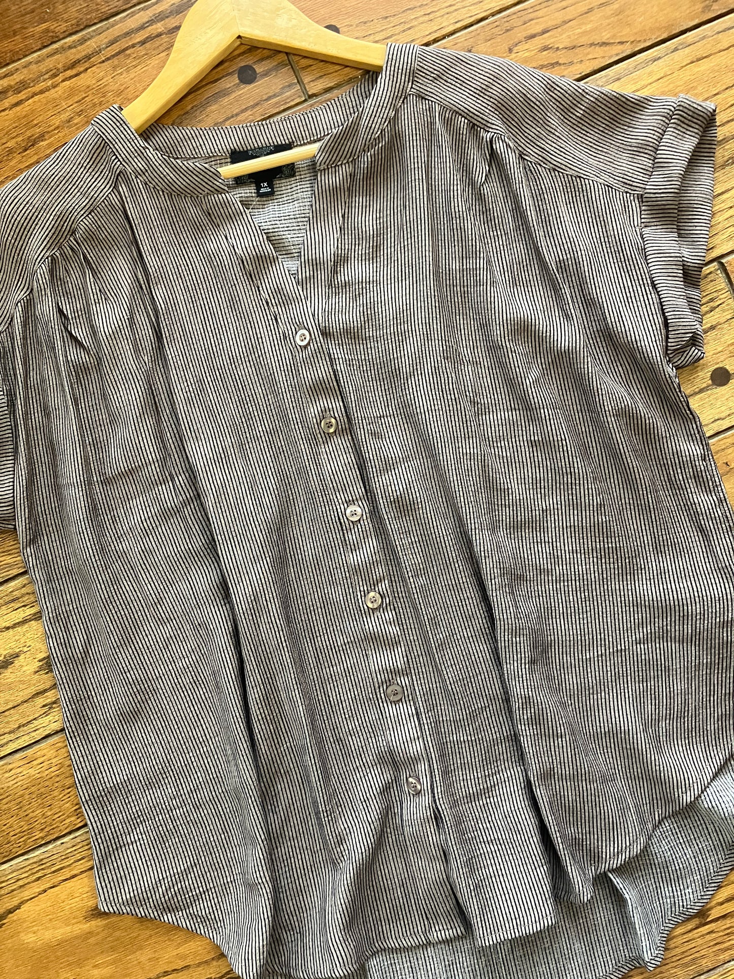 Plus Pinstripe Short Cuff Sleeve Button Down Shirt