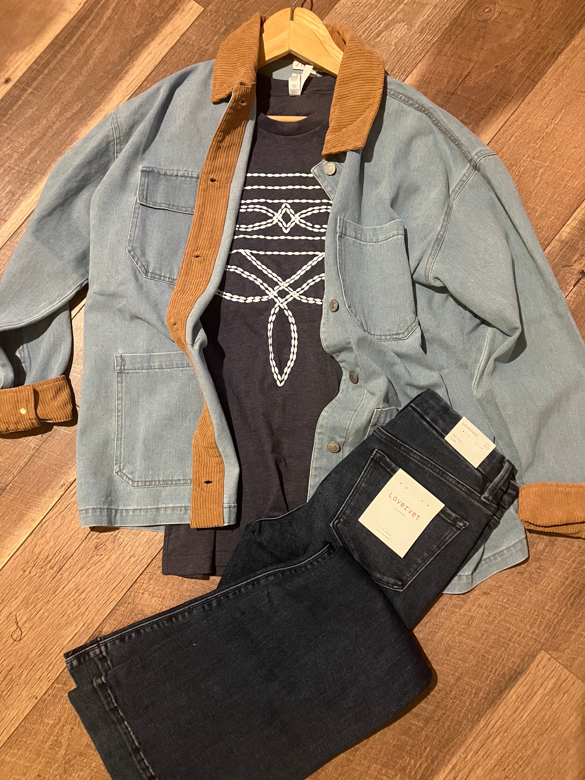 Washed Denim Barn Jacket with Corduroy Collar & Cuff from Farm Wife Threads: Denim Jacket Outfit Idea