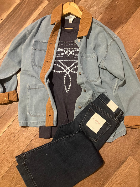 Washed Denim Barn Jacket with Corduroy Collar & Cuff from Farm Wife Threads: Denim Jacket Outfit Idea