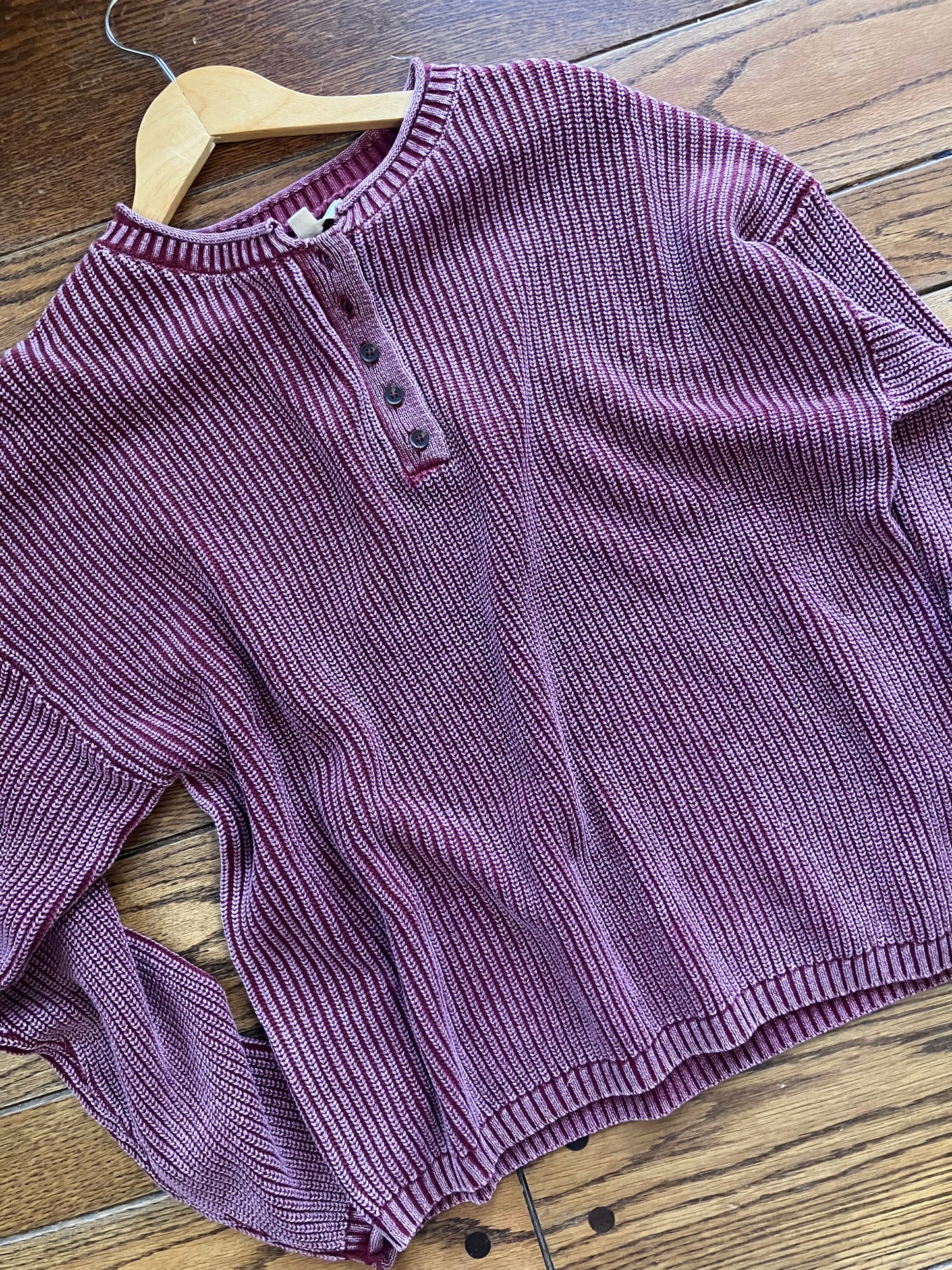 Washed Ribbed Henley Pullover Sweater