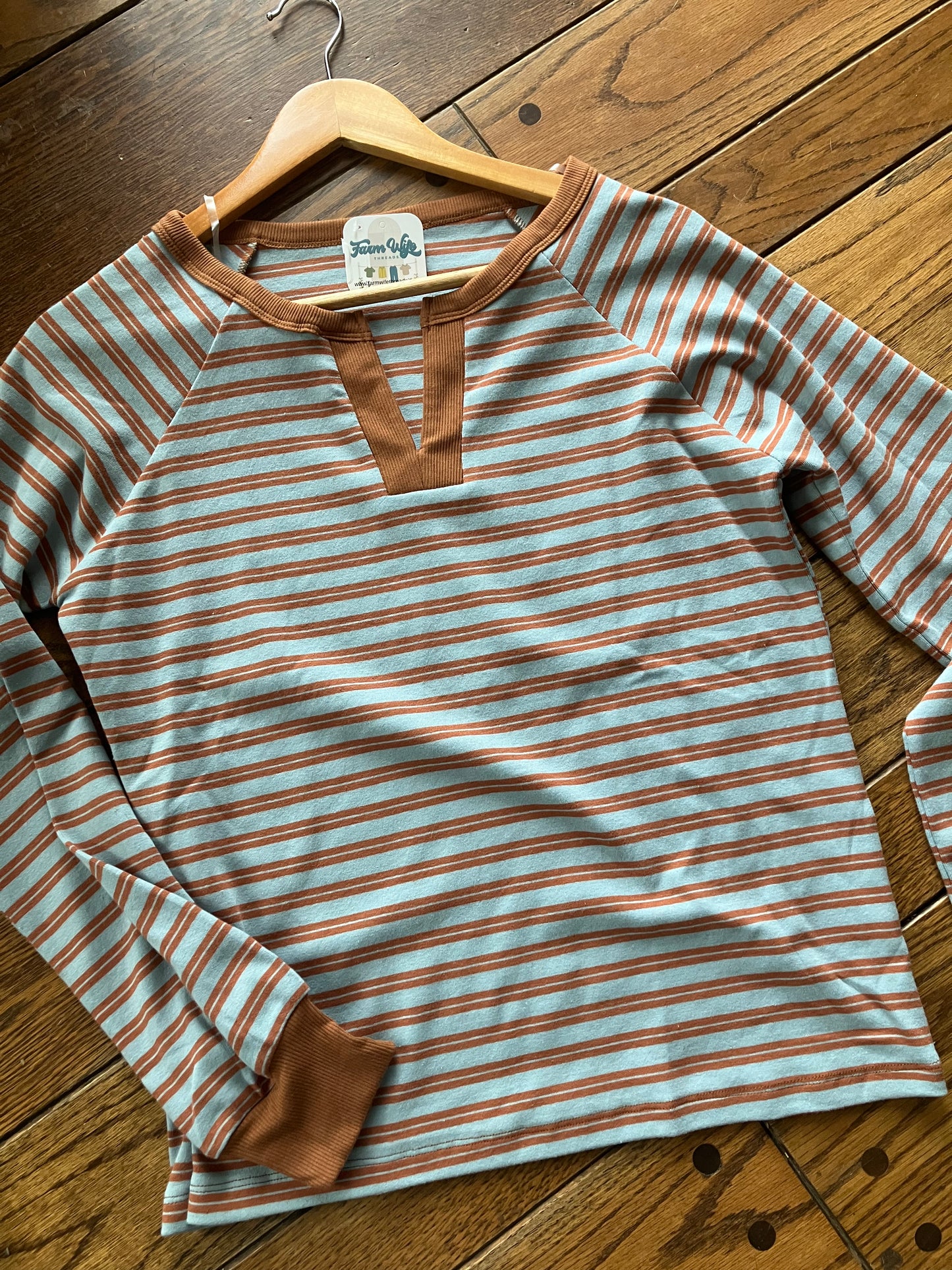 Color-Contrast Y-Neck Striped Cotton Top