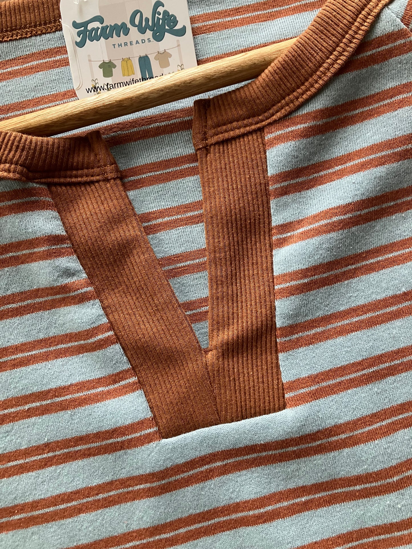 Color-Contrast Y-Neck Striped Cotton Top
