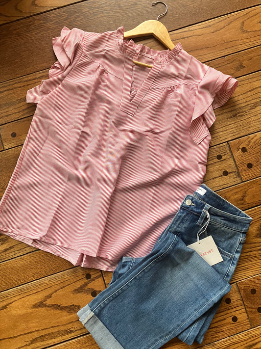 Frilly Split Neck Double Ruffled Short Sleeve Blouse