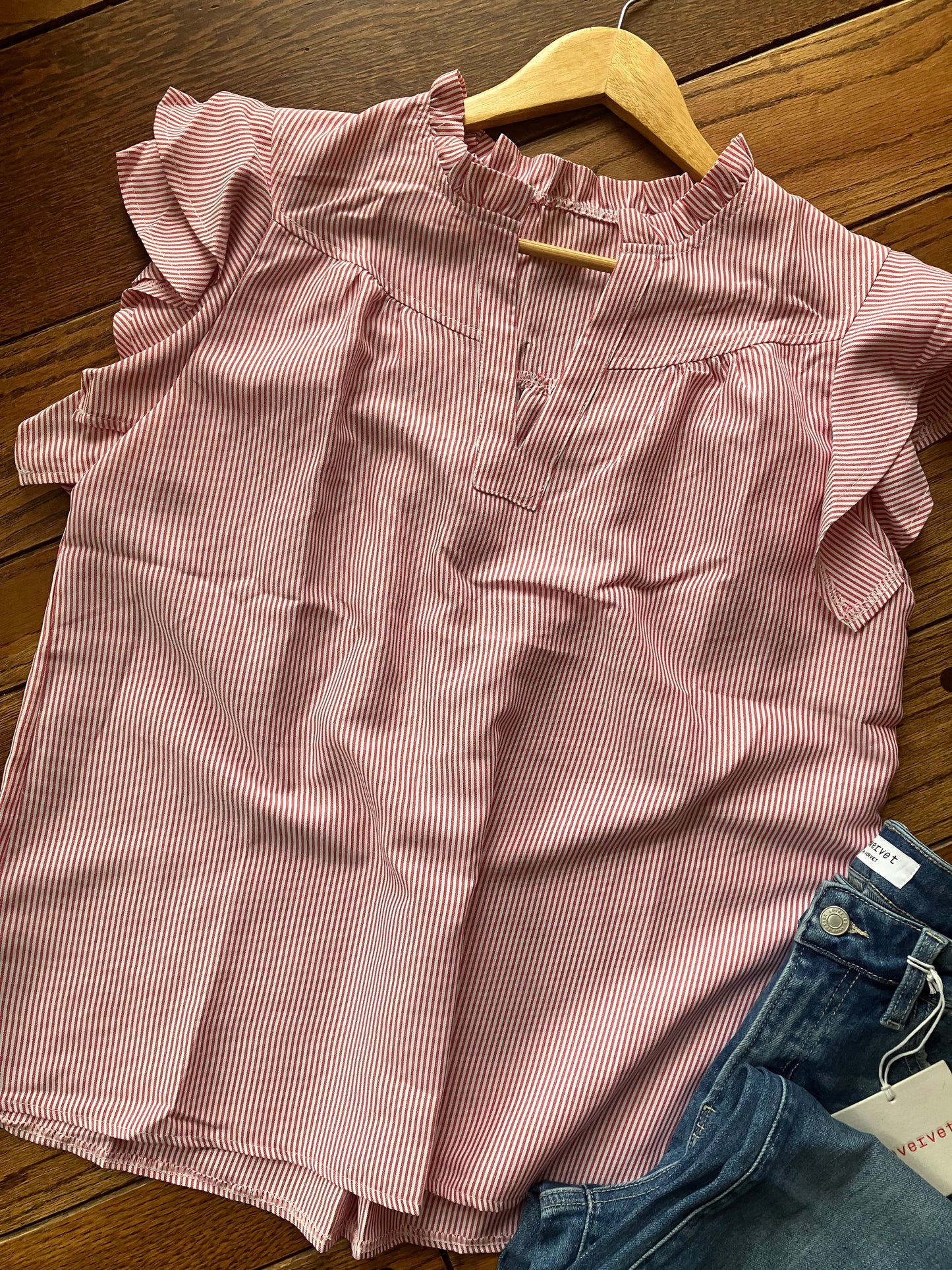 Frilly Split Neck Double Ruffled Short Sleeve Blouse