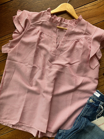 Frilly Split Neck Double Ruffled Short Sleeve Blouse