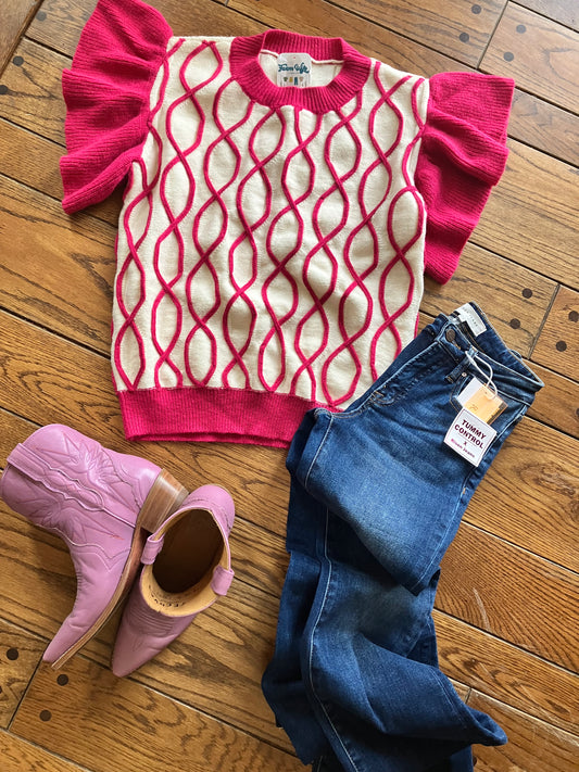 Barbie, Let's Go Party Contrast Ruffle Cable Knit Top