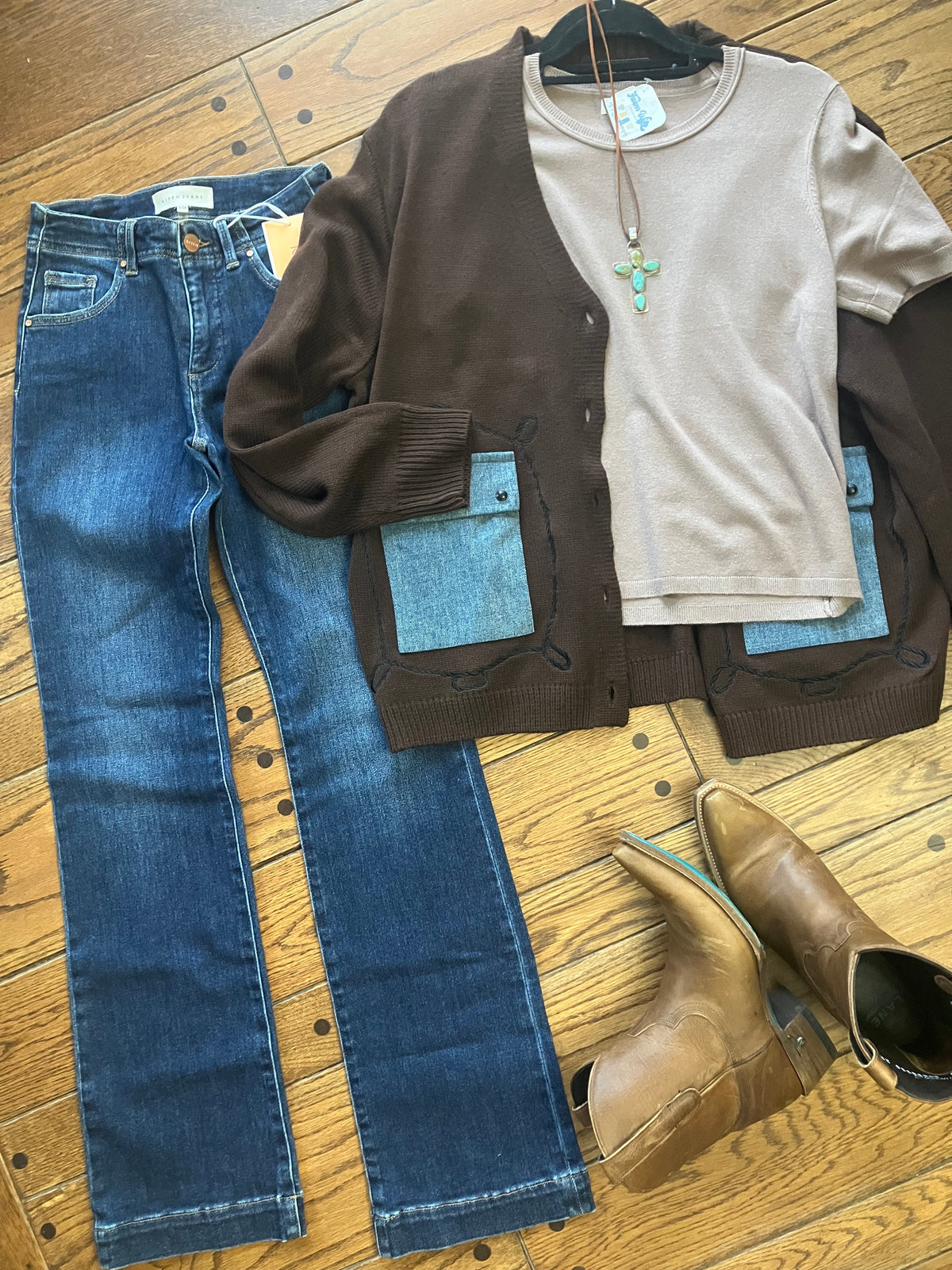 Cattle Babe Brown Angus Cardigan with Denim Pockets