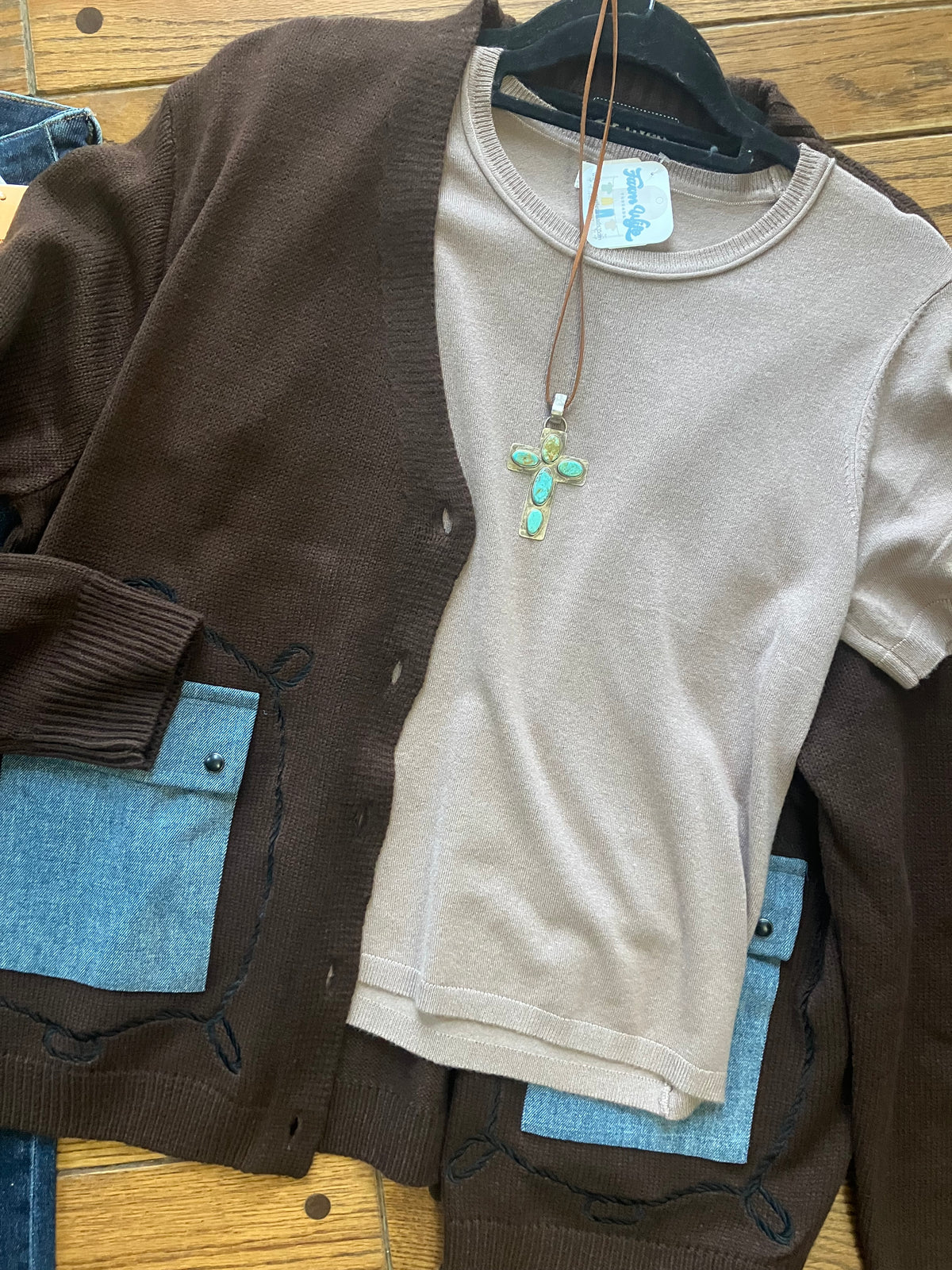 Cattle Babe Brown Angus Cardigan with Denim Pockets