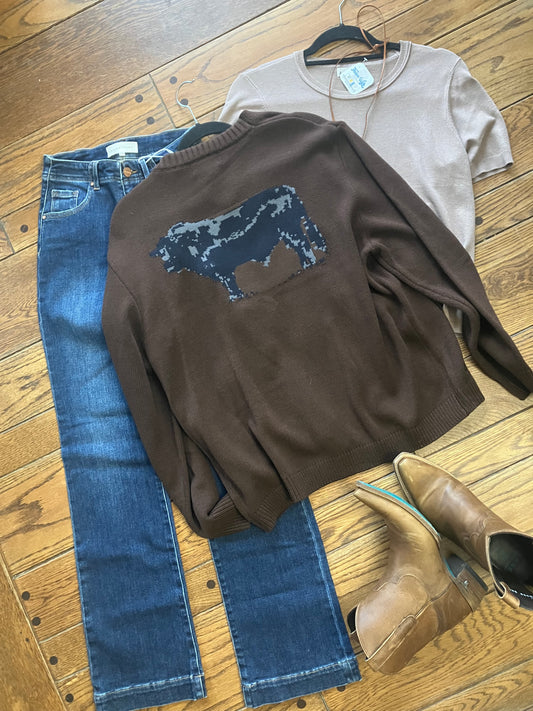 Cattle Babe Brown Angus Cardigan with Denim Pockets