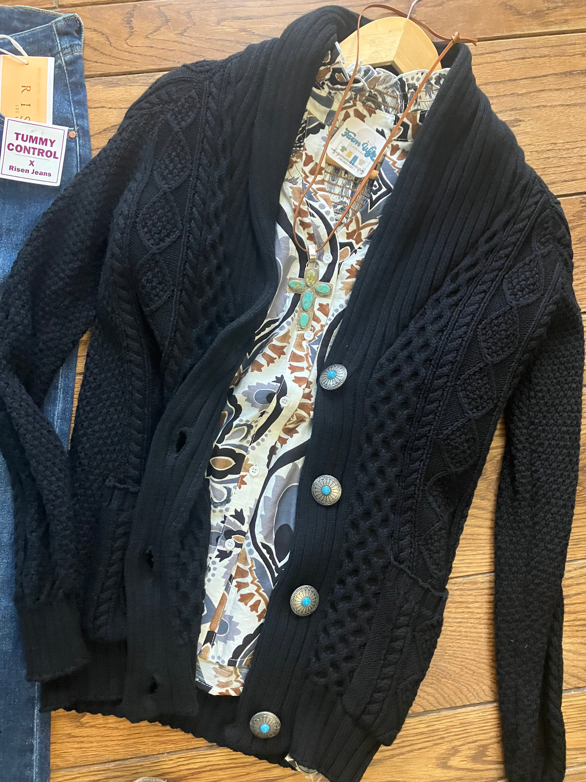 Rodgers Black Cable Knit Concho Cardigan