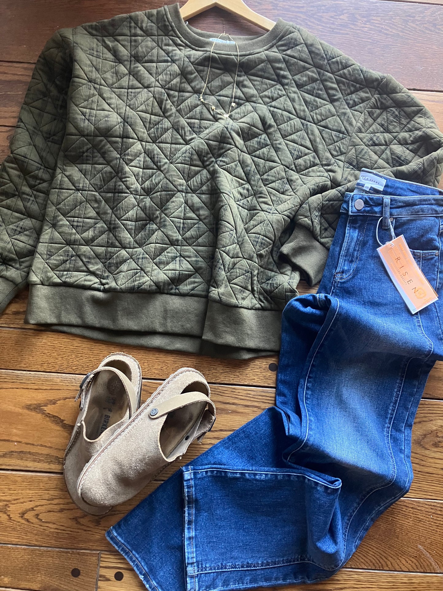Military Green Quilted Pullover with Black Plaid Overlay