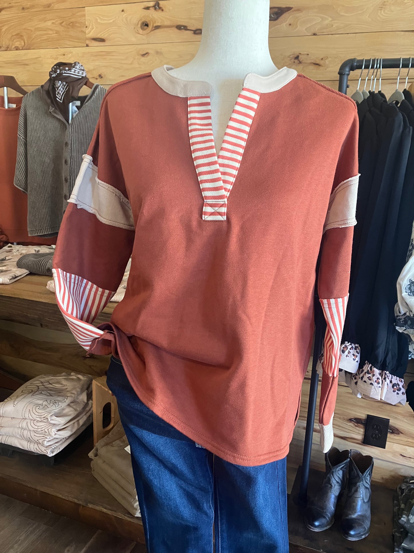 Mixed Stripes Colorblock Pullover Knit Rust Top