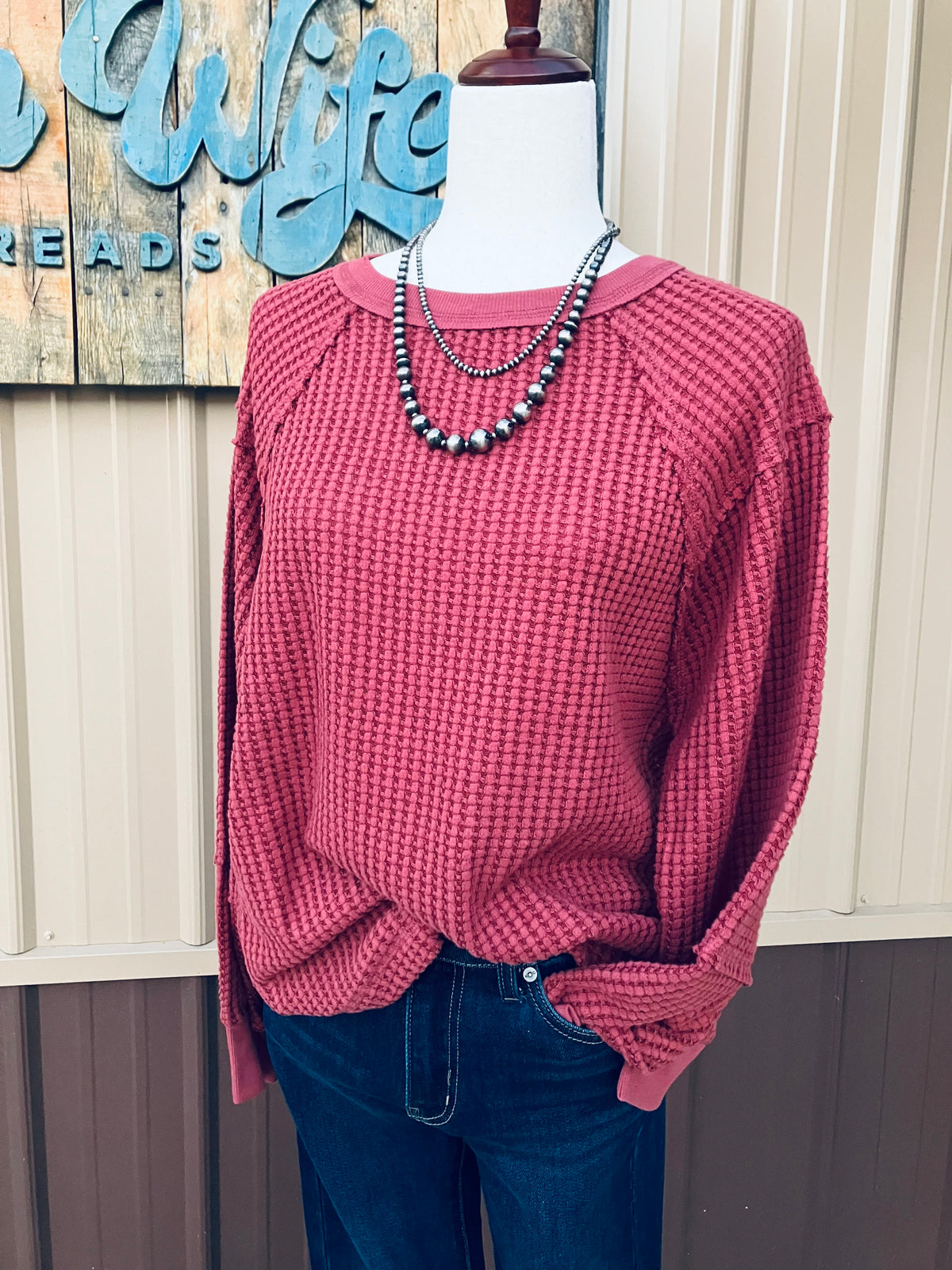 Burgundy Waffle Knit Contrast-Patch Pullover