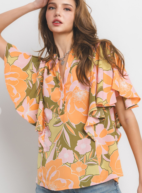 Floral Print Mock Neck Ruffle Blouse