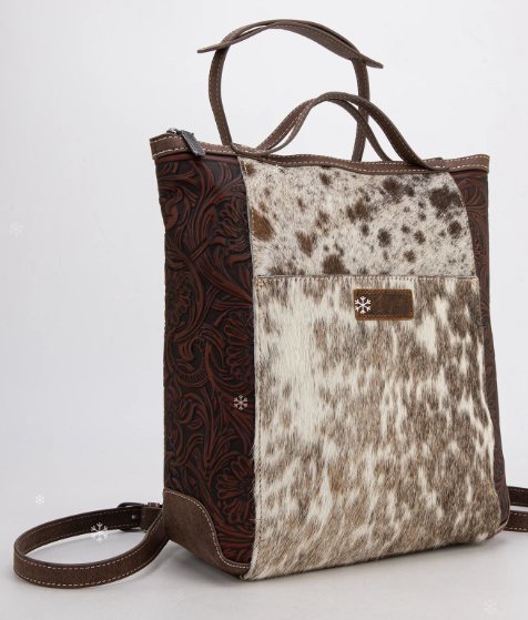 Wrangler Genuine Hair-On Cowhide Floral Tooled Convertible Backpack/Crossbody