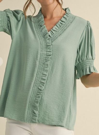 Mint green smocked ruffle V-neck short sleeve top by Farm Wife Threads