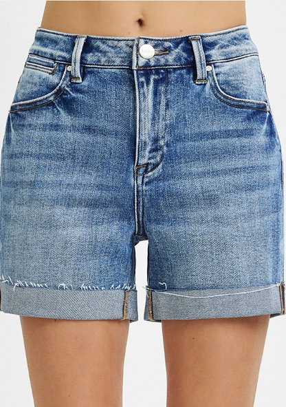 High Rise Cuffed Shorts in Medium Wash S-3X