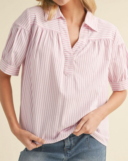 Striped Open-Collar Blouse