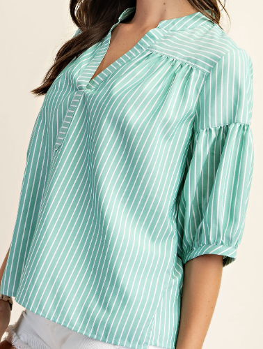 Striped Bubble Sleeve Blouse in Green