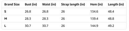 Farm Wife Threads SUNDAY SUMMER DRESS size chart: S, M, L with bust, waist, strap length, hem, and dress length measurements in inches.