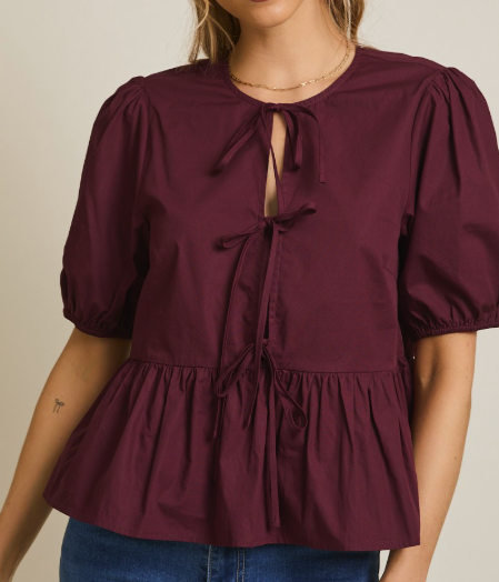 Front ties puff sleeve in wine