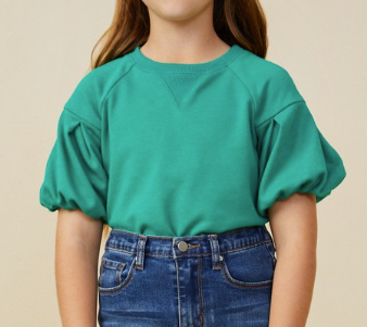 Girls' Box Pleat Puff Sleeve French Terry Top