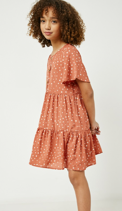 Girls' Polka Dot Button Detail Mini Dress