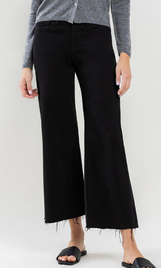 High Rise Raw Hem Crop Jeans in Black