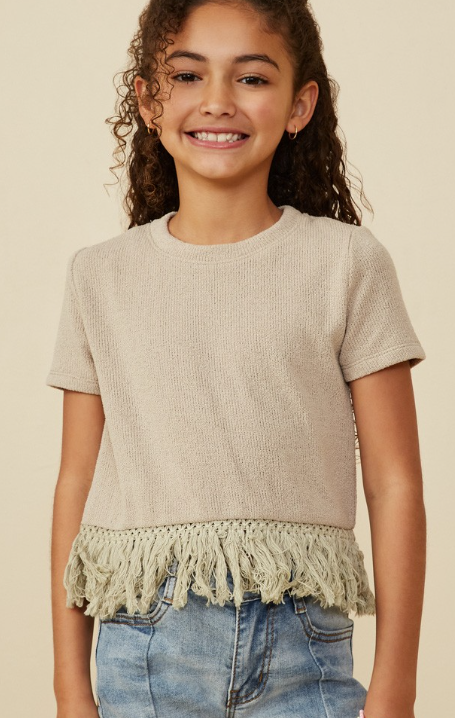 Girls Fringed Tassel Hem Textured Top