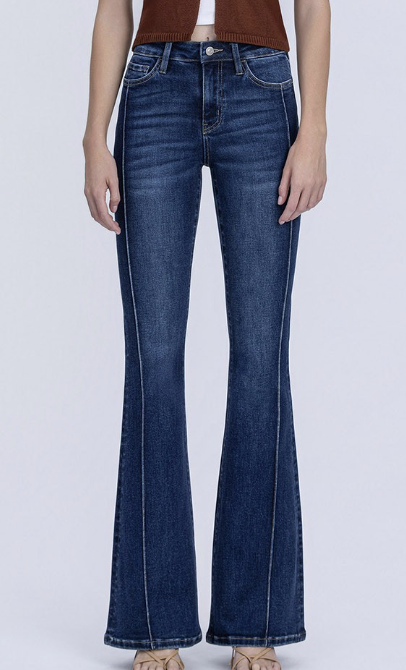 Dark wash high rise stretch denim flare jeans with pintuck detail from Farm Wife Threads.