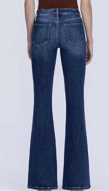 Back view of women's dark wash high rise flare jeans | Tinley Pintuck Flares
