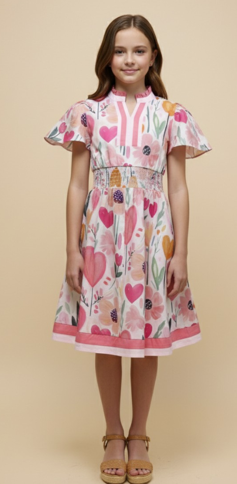 Girls Floral Print Contrast Banded Poplin Dress