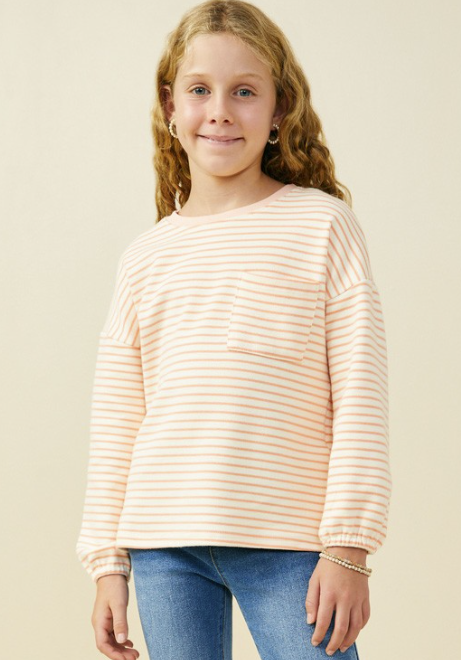 Girls Soft Stripe Knit Contrast Banded Long Sleeve Tee in Peach