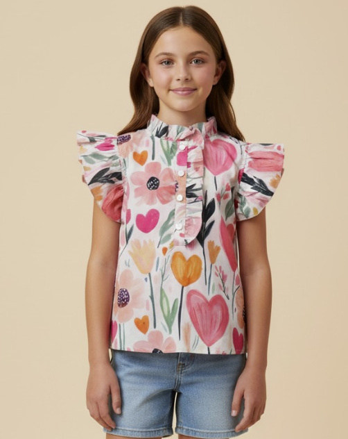 Girl in floral and heart print ruffle top with denim shorts from Farm Wife Threads.