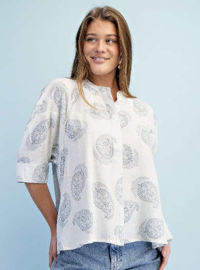 INDIGO BREEZE shimmery paisley print button-down shirt with short sleeves for women.