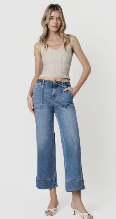 Cropped Denim with Back Elastic Waistband