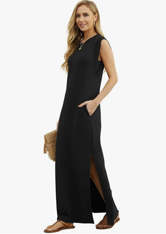 Farm Wife Threads black sleeveless crew neck maxi dress with pockets, perfect LBD style for any occasion.