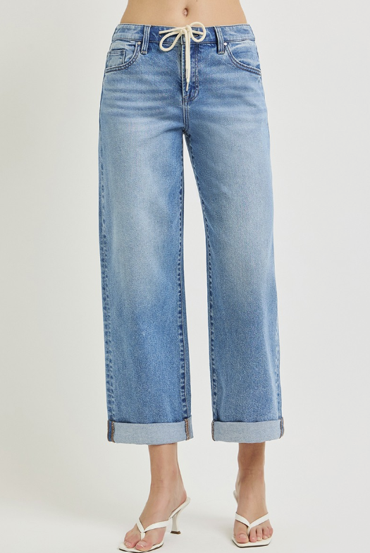 Elastic Waist Drawstring Cropped Denim