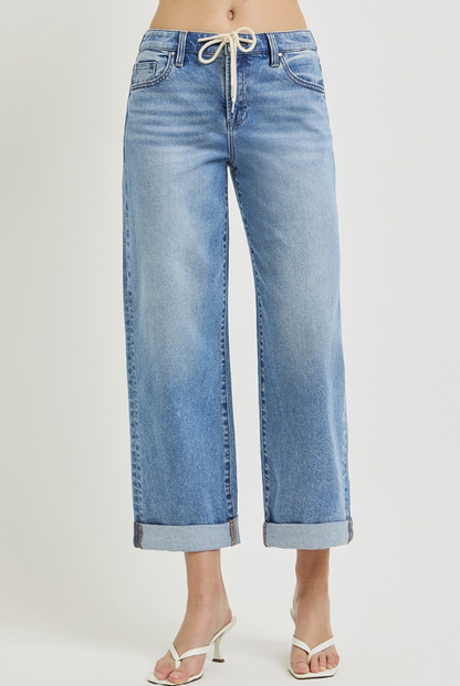 Elastic Waist Drawstring Cropped Denim