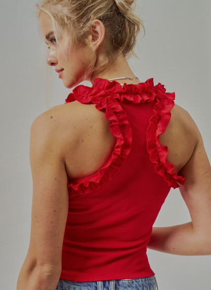 Farm Wife Threads red ribbed tank top with sweet ruffle neckline and straps, sleeveless women's summer fashion.